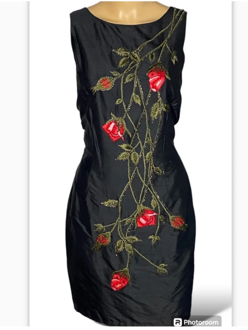 Vintage 100% Silk Black Mini Dress with Beaded Rose Embroidery - Romantic M